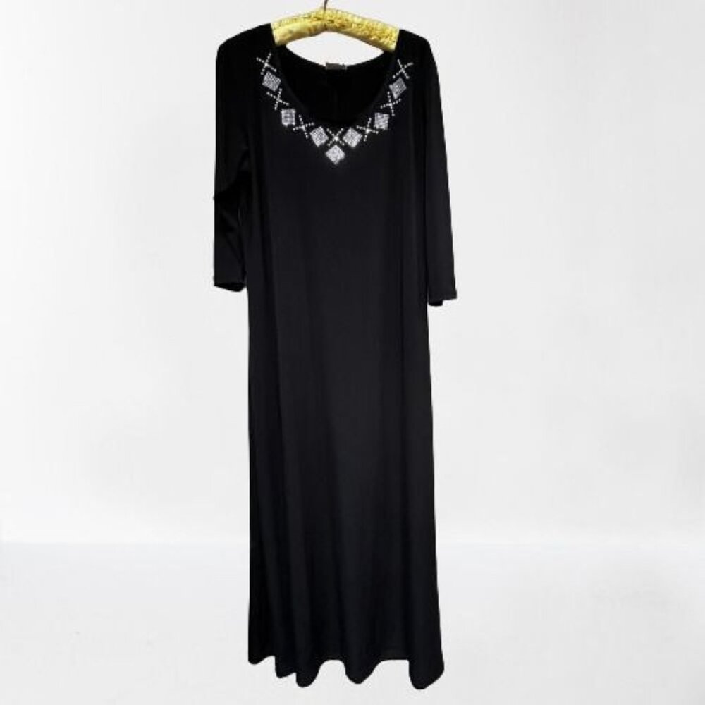 Rod's Womens Scoop Beaded Neck Jersey Maxi Dress XXL Black 3/4 Sleeve Stretch